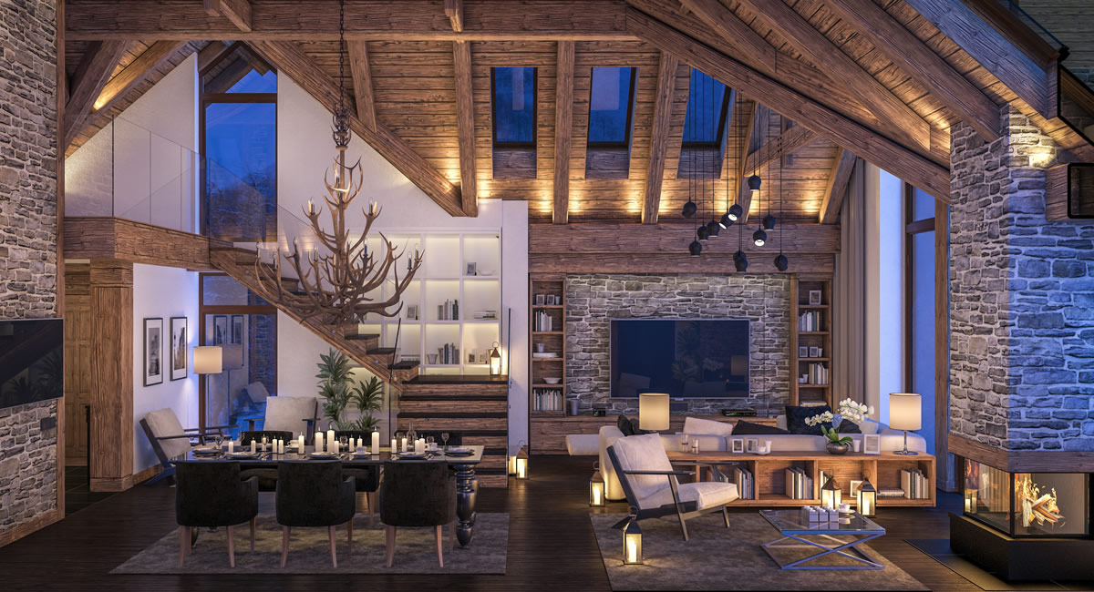 Vaulted great room at twilight — dining under an antler chandelier and living area with a stone fireplace